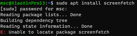 在 sudo apt update 之前 sudo apt install screenfetch